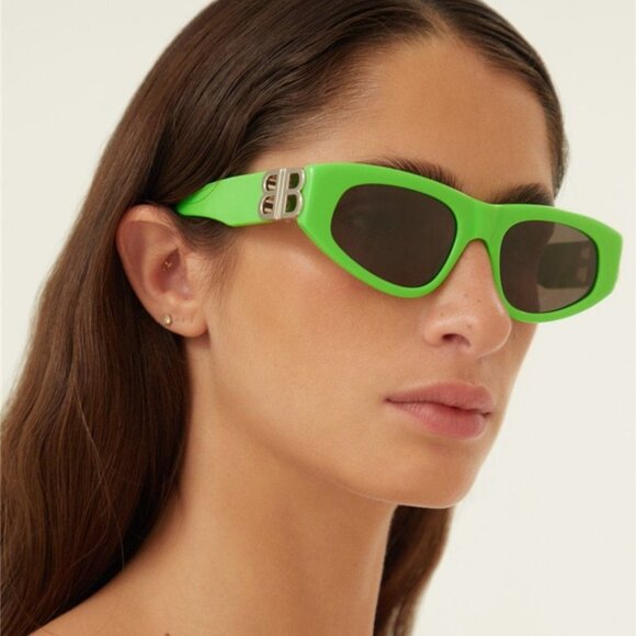 NEW BALENCIAGA GREEN AND SILVER CAT-EYE BB SUNGLASSES BB0095S 009